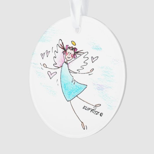 Het glimlachen van blauwe gegoten engel die harten ornament (voorkant)