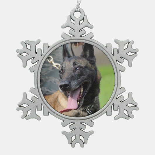 Het glimlachen van de Belgische Malinois Dog Tin Sneeuwvlok Ornament (Voorkant)