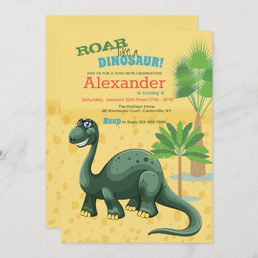 Het glimlachen van Dino Birthday Party Invitation Kaart (Voorkant / Achterkant)