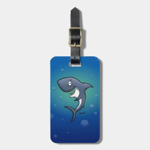 Het glimlachen van Funny Shark op blauwe achtergro Bagagelabel