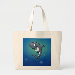 Het glimlachen van Funny Shark op blauwe achtergro Grote Tote Bag