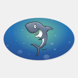 Het glimlachen van Funny Shark op blauwe achtergro Ovale Sticker