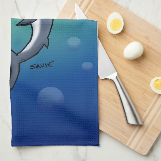 Het glimlachen van Funny Shark op blauwe achtergro Theedoek (Quarter Fold)