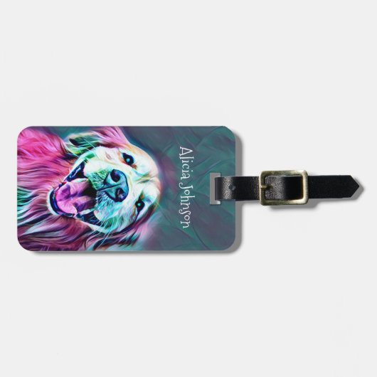 Het glimlachen van Golden Retriever Dog in Neon Co Bagagelabel (Voorkant horizontaal)