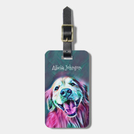 Het glimlachen van Golden Retriever Dog in Neon Co Bagagelabel