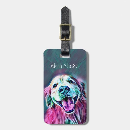Het glimlachen van Golden Retriever Dog in Neon Co Bagagelabel (Voorkant verticaal)