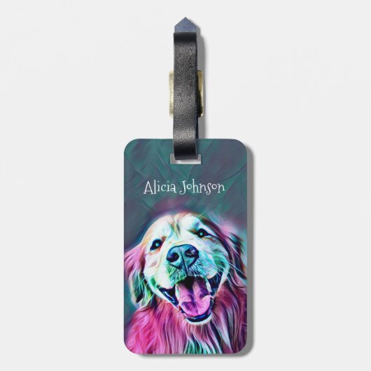 Het glimlachen van Golden Retriever Dog in Neon Co Bagagelabel (Achterkant verticaal)