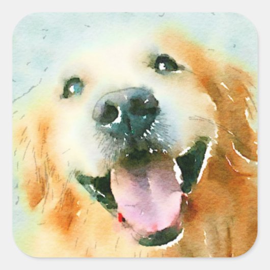 Het glimlachen van Golden Retriever in Waterverf Vierkante Sticker (Voorkant)