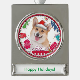 Het glimlachen van Kerstrood en witte Corgi Verzilverd Banner Ornament