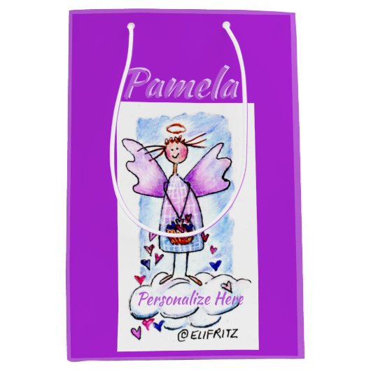 Het glimlachen van Paarse engel op witte wolk met  Medium Cadeauzakje (Voorkant)