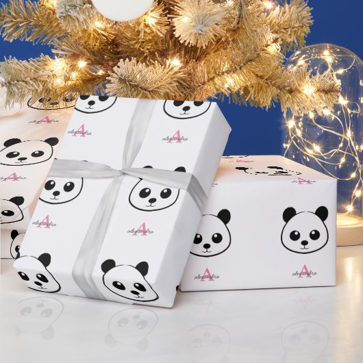 Het glimlachen van panda-gezicht Monogram Cadeaupapier (Feestdagen)