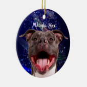 Het glimlachen van Pit Bull op Blauwe Kerstmis Keramisch Ornament (Rechts)