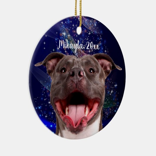Het glimlachen van Pit Bull op Blauwe Kerstmis Keramisch Ornament (Rechts)