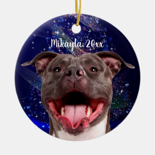 Het glimlachen van Pit Bull op Blauwe Kerstmis Keramisch Ornament (Voorkant)