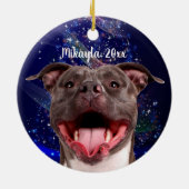 Het glimlachen van Pit Bull op Blauwe Kerstmis Keramisch Ornament (Achterkant)