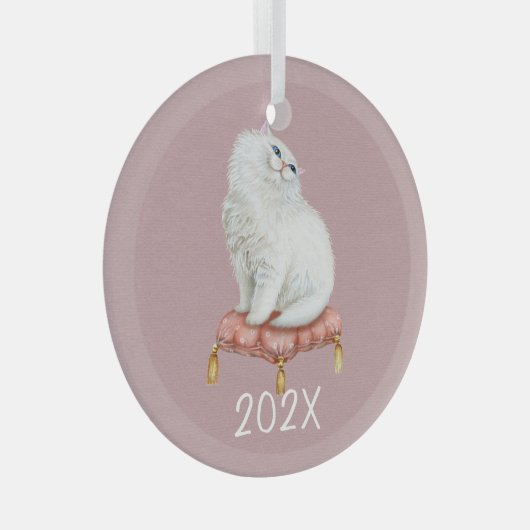 Het glimlachen van Witte Kat houdt het  Jaar Glas Ornament (Voorkant Rechts)