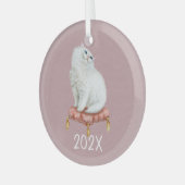 Het glimlachen van Witte Kat houdt het  Jaar Glas Ornament (Voorkant links)