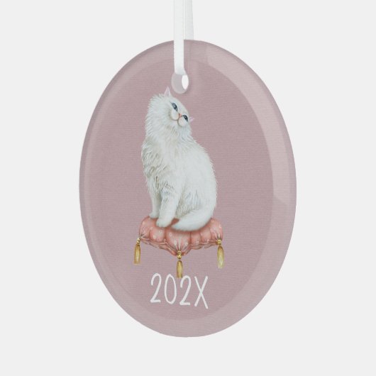 Het glimlachen van Witte Kat houdt het  Jaar Glas Ornament (Voorkant links)