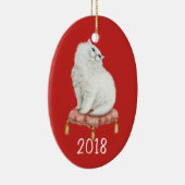 Het glimlachen van Witte Kat Keepomwille Jaar Keramisch Ornament (Rechts)