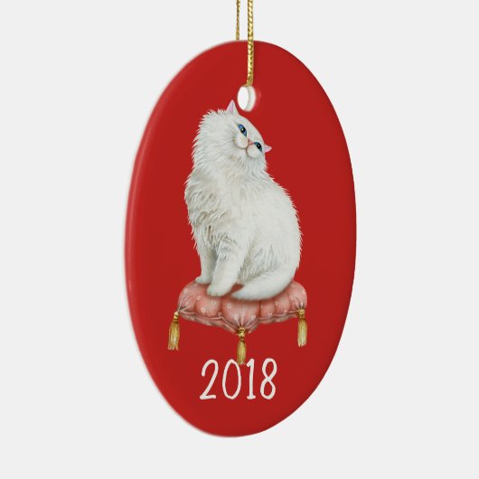 Het glimlachen van Witte Kat Keepomwille Jaar Keramisch Ornament (Rechts)