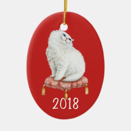Het glimlachen van Witte Kat Keepomwille Jaar Keramisch Ornament (Voorkant)