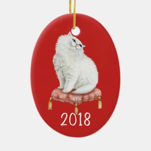 Het glimlachen van Witte Kat Keepomwille Jaar Keramisch Ornament (Achterkant)