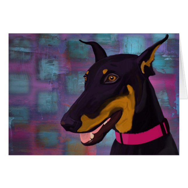 Het glimlachen van zwarte doberman op een paarse a (Voorkant Horizontaal)
