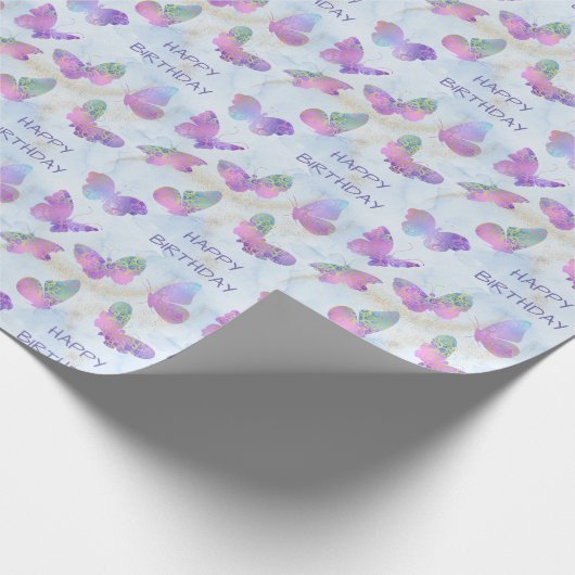 Het gloeien Butterflies op Abstracte Blauwe Dag Cadeaupapier (Hoek)