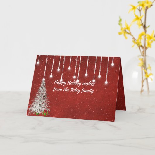 Het gloeien van kerstlichten rood met sneeuwvlokke kaart (Gele Bloem)