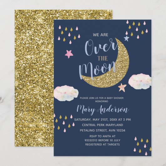 Het Gold en Navy Blue Moon Baby shower Kaart (Voorkant / Achterkant)