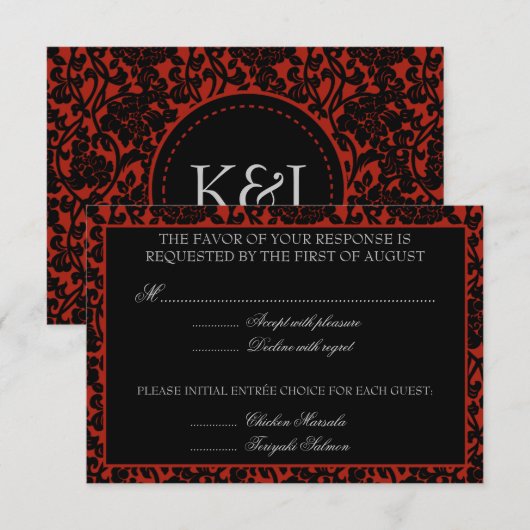 Het gotische Bloemen Rode & Zwarte Monogram van RSVP Kaartje (Voorkant / Achterkant)