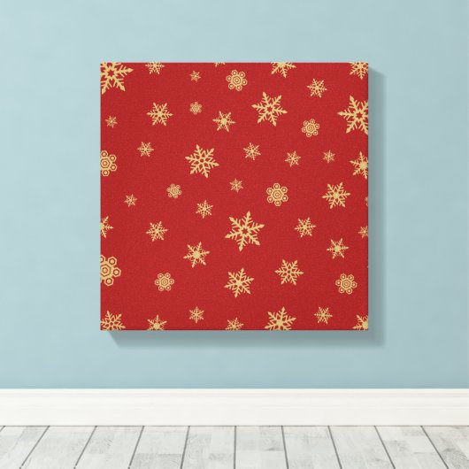 Het Goud van het Ontwerp van sneeuwvlokken op Rood Canvas Afdruk (Insitu (Houten vloer))