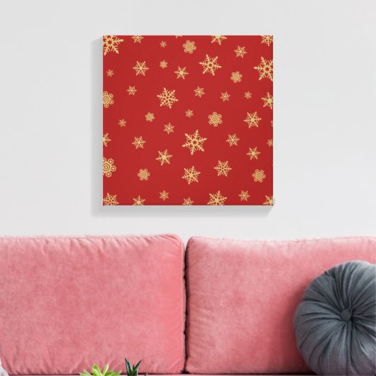 Het Goud van het Ontwerp van sneeuwvlokken op Rood Canvas Afdruk (Insitu (Woonkamer))