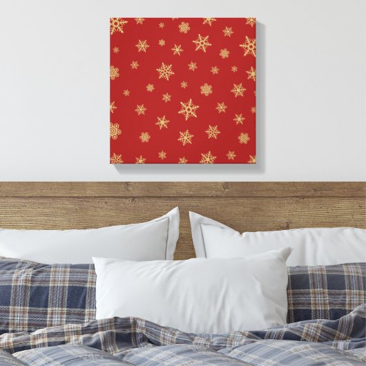 Het Goud van het Ontwerp van sneeuwvlokken op Rood Canvas Afdruk (Insitu (Slaapkamer))