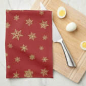 Het Goud van het Patroon van sneeuwvlokken op Rood Theedoek (Quarter Fold)