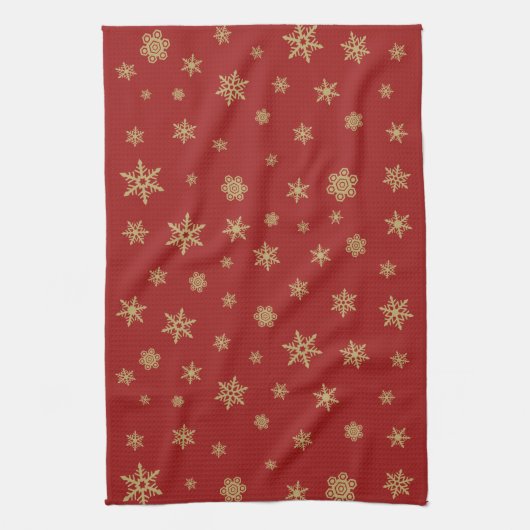 Het Goud van het Patroon van sneeuwvlokken op Rood Theedoek (Verticaal)