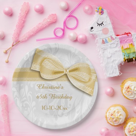 het Gouden Damast van de 65ste Verjaardag en Boog Papieren Bordje (Feest)