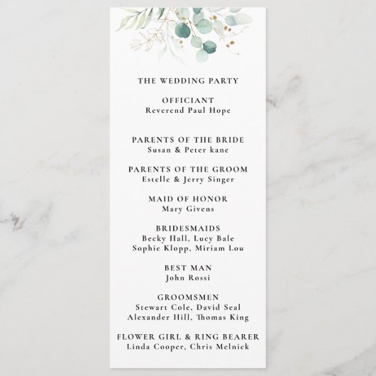 Het gouden Groene Eucalyptusprogramma voor het Wed Programmakaart (Achterkant)