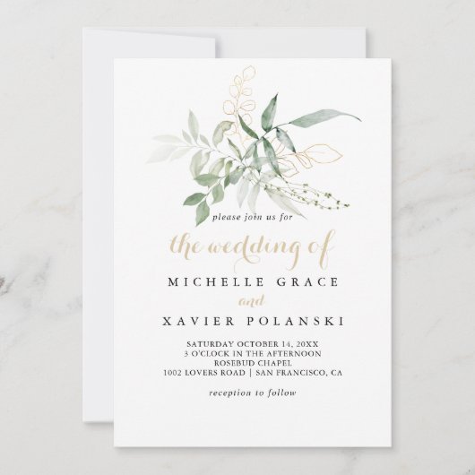 Het gouden groene gebladerte van bruiloft kaart (Voorkant)