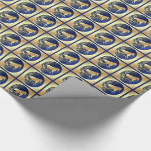 Het Gouden Paard van Kerstmis op Blauw in Gouden Cadeaupapier