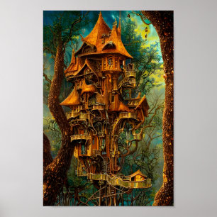 Het Gouden Treehouse   Fantasy Digital Art Poster