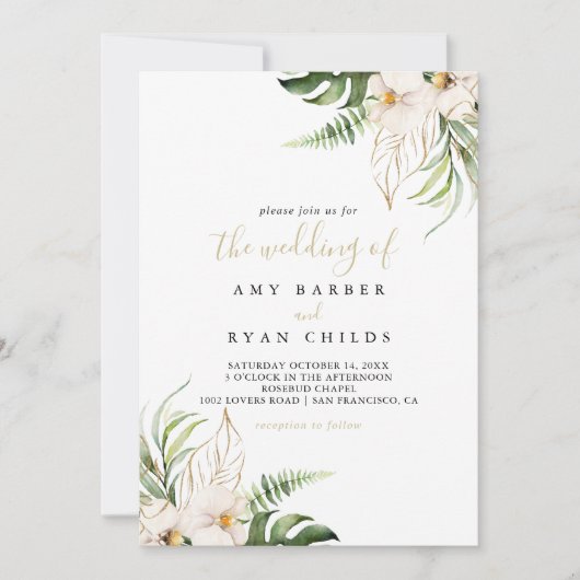 Het gouden tropische gebladerte bloemenhuwelijk va kaart (Voorkant)