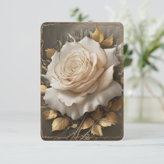 Het goudgerande witte roos kunstwerk bedankkaart (Staand voorkant)