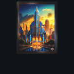 Het Grand Art Deco Blue Plaza paviljoen van Xzendo Canvas Afdruk<br><div class="desc">Het Grand Art Deco Blue Plaza Pavilion AI Concept Art van Xzendor7; verlicht door de gouden gloed van de ondergaande zon,  geaccentueerd door de glorieuze architecturale skyline van glas en staal.</div>
