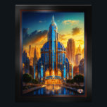 Het Grand Art Deco Blue Plaza paviljoen van Xzendo Foto Afdruk<br><div class="desc">Het Grand Art Deco Blue Plaza Pavilion AI Concept Art van Xzendor7; verlicht door de gouden gloed van de ondergaande zon, geaccentueerd door de glorieuze architecturale skyline van glas en staal.</div>