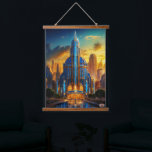 Het Grand Art Deco Blue Plaza paviljoen van Xzendo Hangend Wandkleed<br><div class="desc">Het Grand Art Deco Blue Plaza Pavilion AI Concept Art van Xzendor7; verlicht door de gouden gloed van de ondergaande zon,  geaccentueerd door de glorieuze architecturale skyline van glas en staal.</div>