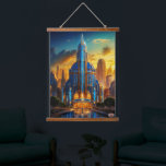 Het Grand Art Deco Blue Plaza paviljoen van Xzendo Hangend Wandkleed<br><div class="desc">Het Grand Art Deco Blue Plaza Pavilion AI Concept Art van Xzendor7; verlicht door de gouden gloed van de ondergaande zon,  geaccentueerd door de glorieuze architecturale skyline van glas en staal.</div>