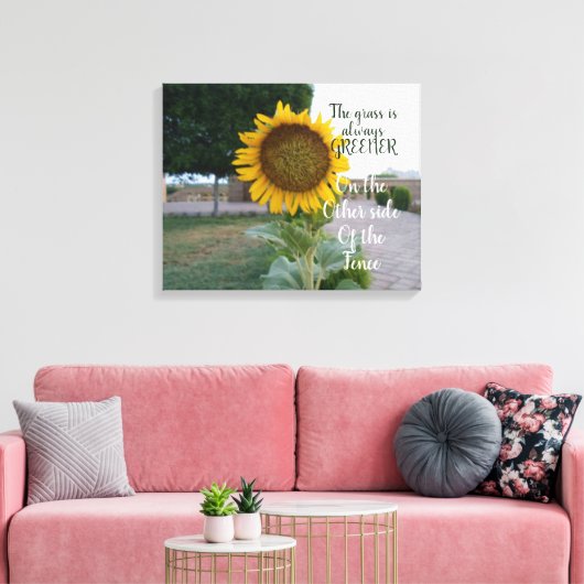 Het gras is altijd groenere zonnebloem canvas kuns (Insitu (Woonkamer))
