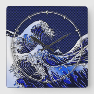 Het Great Hokusai Wave chrome koolstofvezel Decor Vierkante Klok