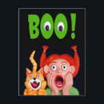 Het griezelige Halloween boek Briefkaart<br><div class="desc">Bang schreeuwend meisje en kat karakter gemaakt van polymeer klei,  gebakken in de oven,  geschilderd met acryl. gefotografeerd en digitaal verbeterd. Volg mijn Amy Vangsgard Party Blog op http://amyvangsgardpartyblog.blogspot.com en http://https://www.facebook.com/AmyVangsgardArtist</div>